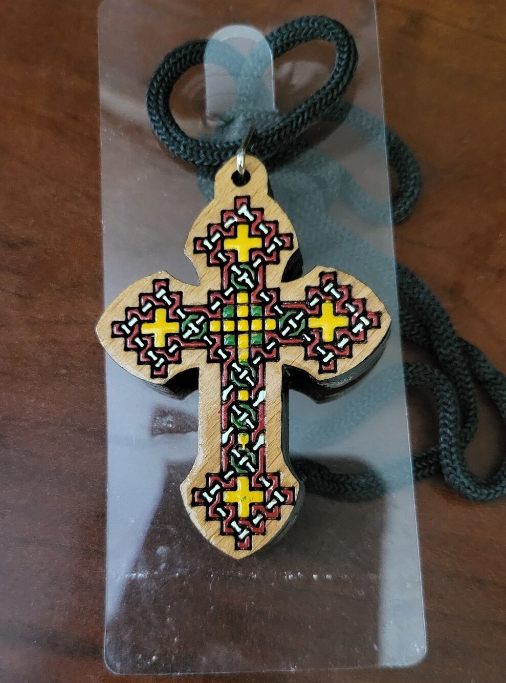 Ethiopian Coptic Wooden Cross Pendant Necklace Hand Painted Traditional Design